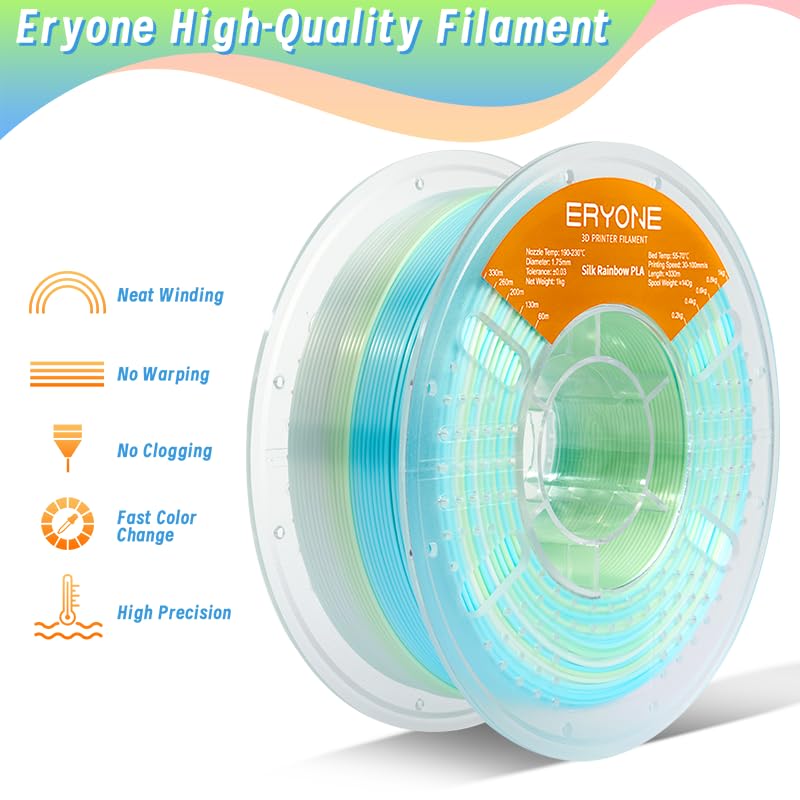 Image of ERYONE Silk Rainbow 3D Printer PLA Filament 1.75 + /- 0.03mm, Shiny Multicolor Filament PLA Fast Color Change 1KG(2.2LBS), Glacier Mint