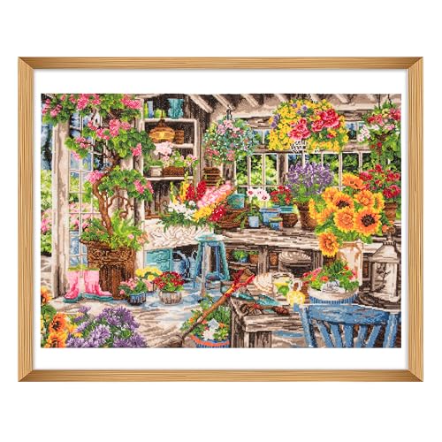 Trimits Large Cross Stitch Kits - Counted Embroidery Needlework for Adults Beginners Kids Christmas Gifts Wall Art (Frame Not Included) 14 Count Gardeners Paradise