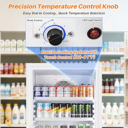 Image of Commercial Beverage Refrigerator, 24.5 inch Glass Door Display Fridge, 15 Cu.Ft Beverage Cooler with 5 Adjustable Shelves, Auto Rebound Door, Low Noise, for Shops, Restaurants & Bars WHITE