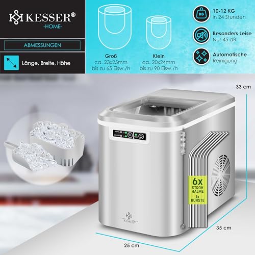 Kesser - Máquina para hacer cubitos de hielo, acero inoxidable, 12 kg/24 h, preparación en 7 minutos, 2,2 litros, 2 tamaños de cubitos, pantalla LED, función de autolimpieza, color plateado miniatura 7