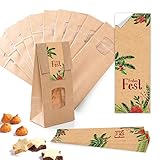 Lot de 25 petits sachets en papier kraft marron avec fond fenêtre et parchemin 10,5 x 29 cm + 25 autocollants FROHES FEST Mistel Branches de sapin vert rouge beige emballage cadeau