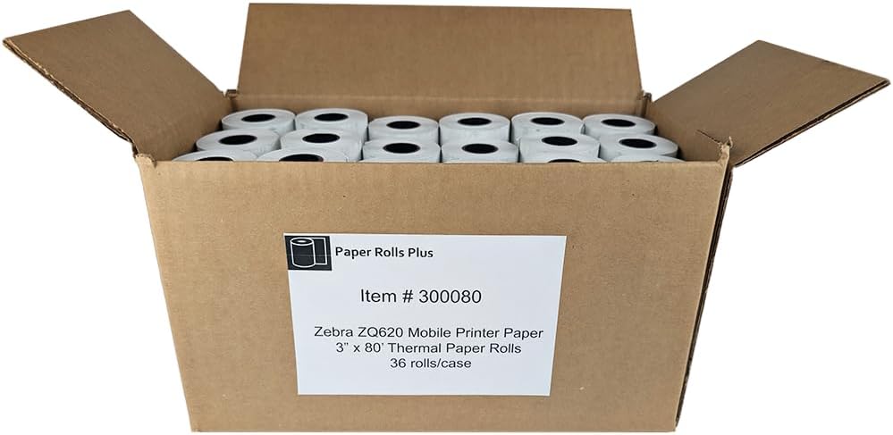 Rollos de papel térmico de 3" x 80' para impresora móvil Zebra ZQ620 - 36 rollos por caja