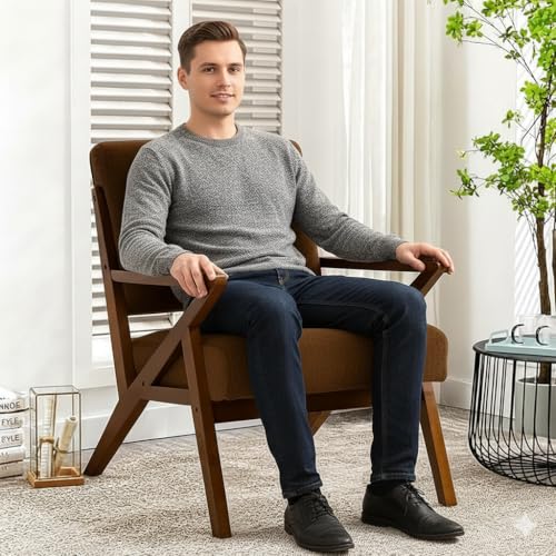 Image of Premium Sheesham Wood Arm Chair with Cushion || Cane Chairs for Balcony || Wooden Dining Chair for Living Room Furniture, Armrest Chair Garden Chairs Outdoor & Indoor, Bedroom Home Brown Finish