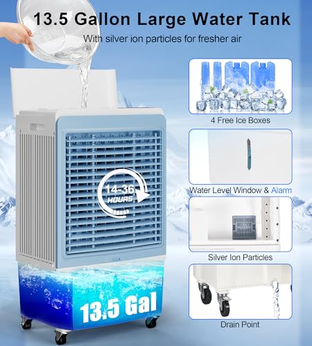 AKIRES 6000CFM Large Swamp Cooler with 13.5-Gal Water Tank,3-IN-1 Evaporative Air Cooler with Remote Control,4 Ice Packs,12H Timer, Evaporative Cooler for Indoor,Outdoor,Garage Use(46IN)