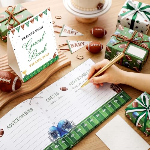 Image of Fuyoooo 27 Pcs Football Baby Shower Guest Book Set Baby Shower Sign in Guest Touch Down It's a Boy Book Place Table Cards with Gold Pen Adhesive Photo Corner for Birthday Party