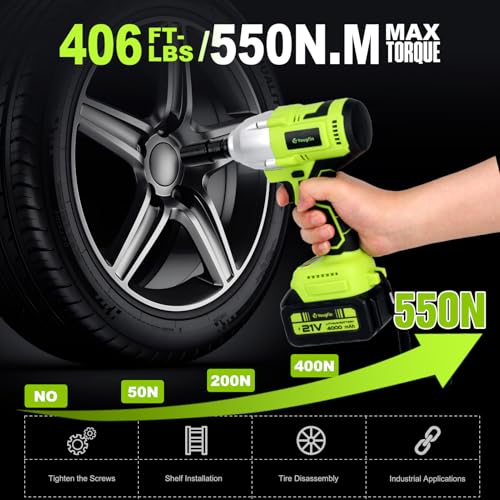 Yougfin Cordless Impact Wrench 550N.m (406 Ft-lbs), Power Brushless Impact Gun 1/2“ for Car Home, Electric High Torque Impact Driver with 4.0Ah Battery - Ideal for Mechanic, Mechanical Engineer
