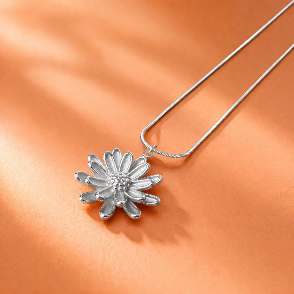 Daisy Necklace for Women 3D Solid Flower Pendant Necklace Stainless Steel Dainty Floral Jewelry with 18"+2" Snake Chain, Jewelry Gift for Her