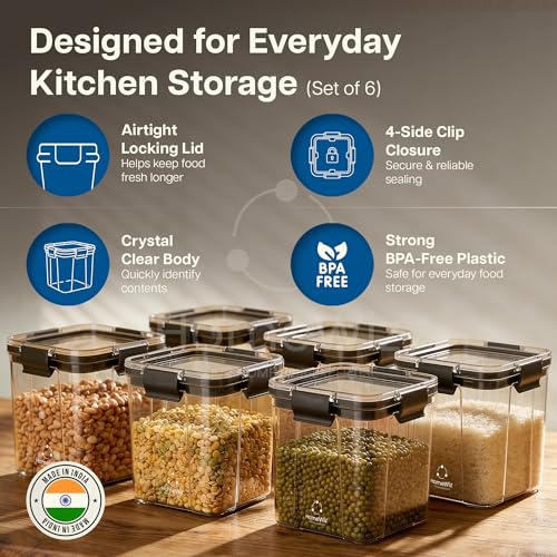 Image of HomeWiz Airtight Kitchen Storage Box 700ml x6 | Containers For Kitchen Storage Set | Food Grade BPA-Free Kitchen Containers Set With 2 Side Clip-Lock | Stackable, For Pantry and Fridge Storage