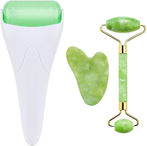 Juego de rodillo de jade natural 3 en 1 y Gua Sha para cara y ojos, rodillo de masaje de enfriamiento facial (rodillo de hielo blanco + rodillo de