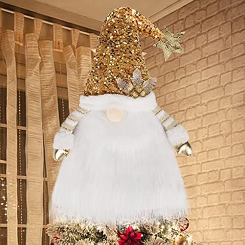 Sancodee Weihnachtsbaumspitze Zwerg, goldene Pailletten Zwerg Baumspitze Cover