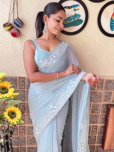 Image of AKHILAM Women's Multicolor Georgette Embellished Saree with Unstitched Blouse Piece(KESARI9501 KR Parent)