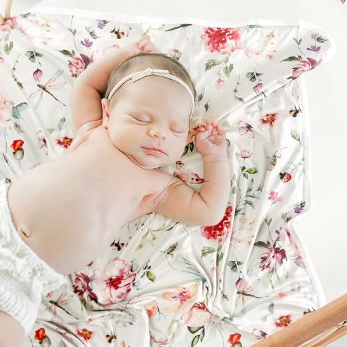 Image of GRSSDER Baby Blankets Super Soft Jersey Knit Swaddle Blanket for Baby Girls and Boys, Double Layer Receiving Blankets 34 x 44 Inches Extra Large for Baby, Flowers and Insects