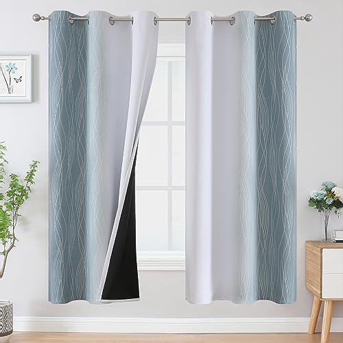 Estelar Textiler Stone Blue and Greyish White Ombre Blackout Curtains 72 Inches Length for Bedroom, Thermal Insulated Light Blocking Grommet Gradient Blackout Drapes for Living Room, 42Wx72L, 2 Panels