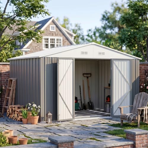 Image of Devoko 10x8 FT Outdoor Storage Shed with Floor Frame, Metal Tool Shed for Garden Backyard Patio(Gray)