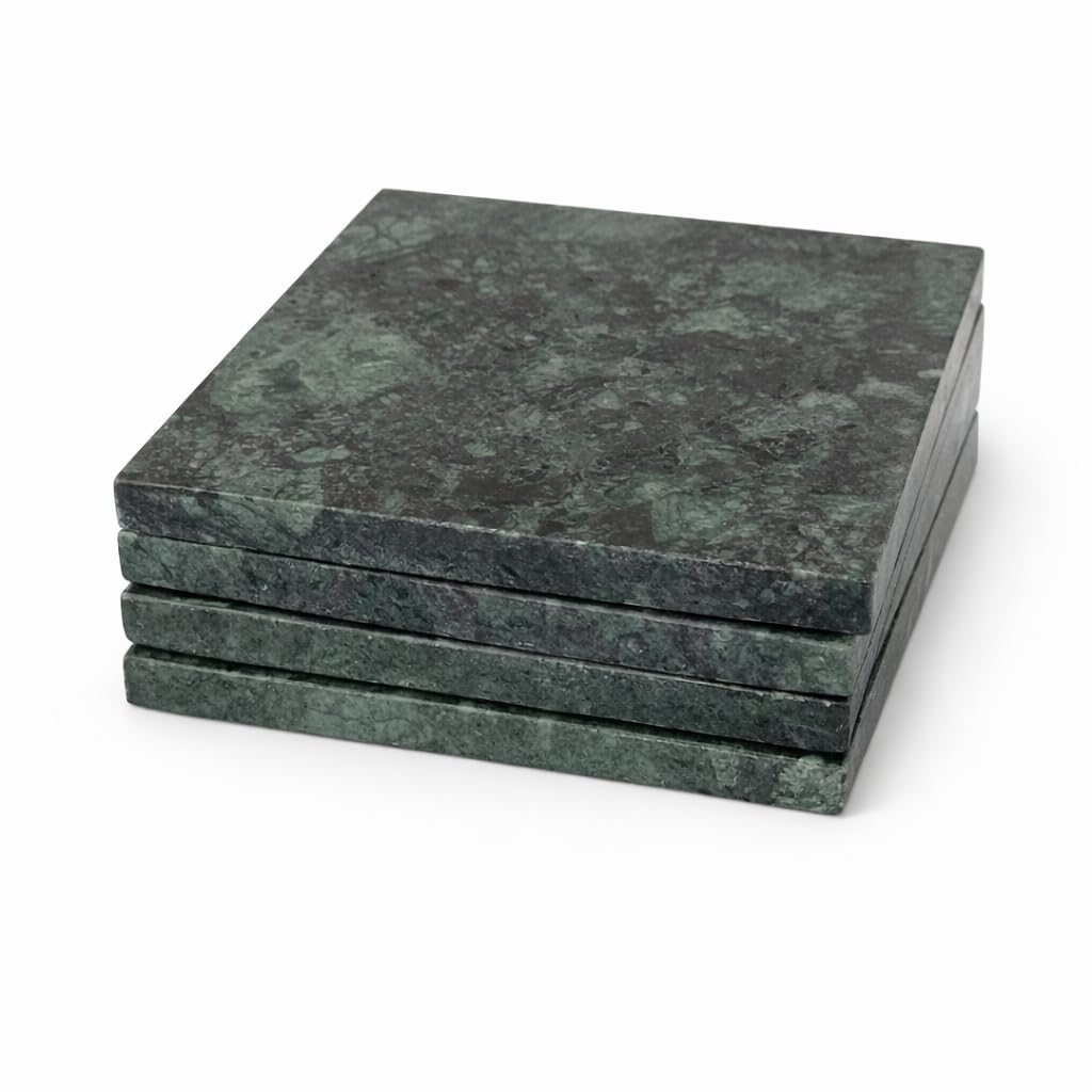 RM Green Marble Coasters for Dining Table – Heat-Resistant Drink Coasters for Tea Cups, Coffee Mugs, Hot Pots, Glasses – Square Pattern (Set of 4) – Housewarming Gift-image-24