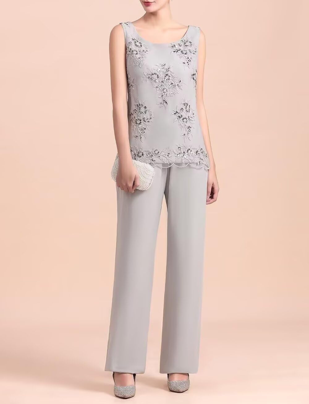 3 Pieces Mother of The Bride Pant Suits - Chiffon Plus Size Wedding Guest Dress Lace Applique Formal Outfit with Jackets