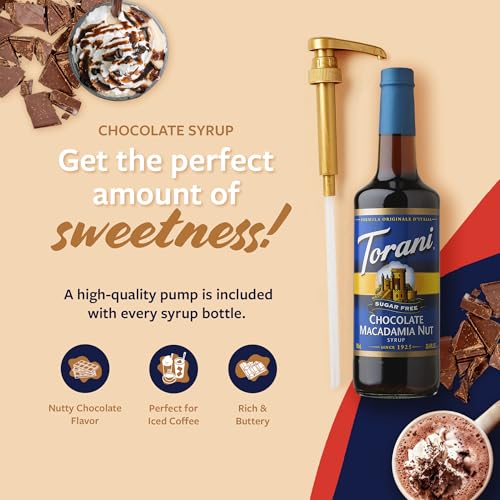 Image of Torani Sugar Free Coffee Syrup, Chocolate Macadamia Nut Flavored Syrup for Drinks, Zero Calorie, Glass Bottle 4-Pack, Pumps Included, 25.4 Fl Oz