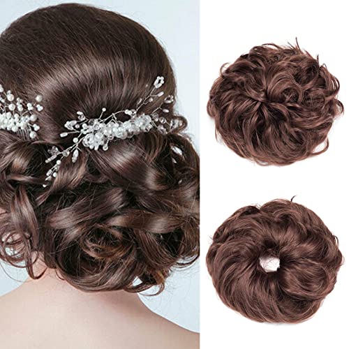 Gairyan Hair Scrunchies Hair Bun Hair Pieces Messy Bun Tousled Updo Curly Donut Hair Chignon Wavy Ponytail Hair Pieces for Women 40g (Dark Auburn)