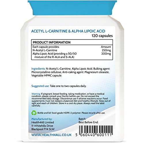 Health4All Acetyl L-Carnitine 250mg & Alpha Lipoic Acid 200mg 120 Capsules (V) Vegan ALCAR ALA Capsules - Image 4