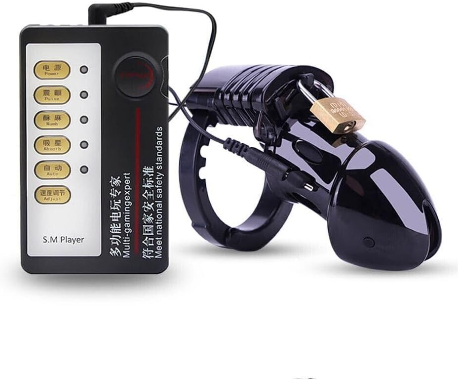 COOFINE Electric Shock Bird Cage Device Lockable Men Rings Plastic Male Chastity Cage for Adult Men Sex Toys (Black)