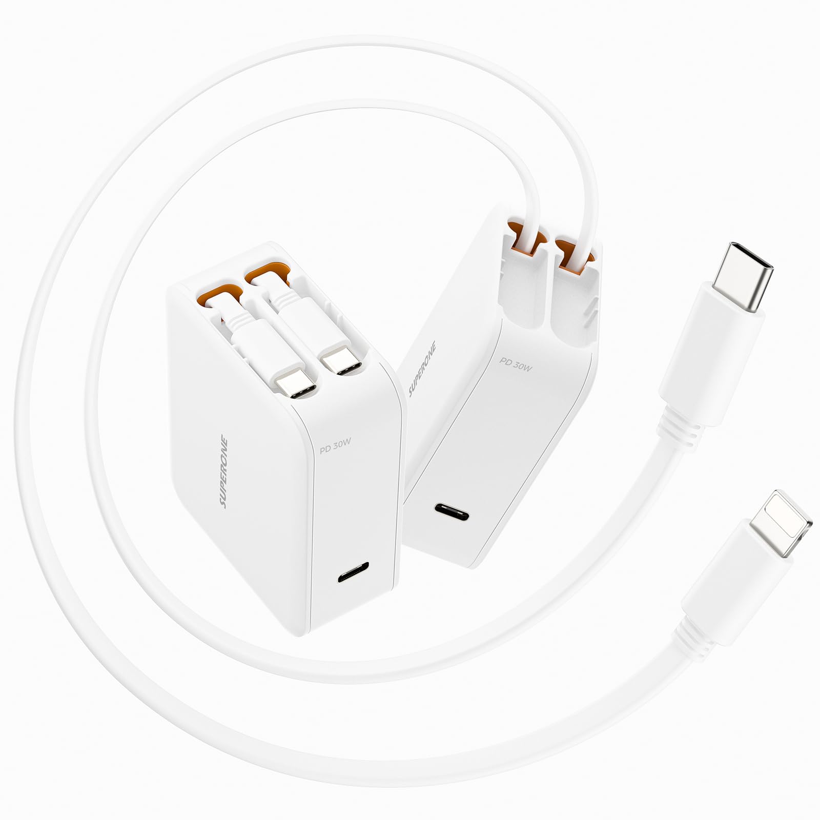 SUPERONE Retractable Wall Charger with Dual Cables, 3-Port USB Charger Block, 35W Phone Charger Fast Charging for Phone 17/16/15/14/13/12/11 Series, Pad, Tablet, LG, Samsung and More - White