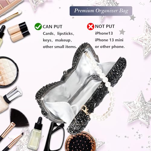 Image of Handmade Inlay Rhinestone Bow Clutch Bag for Women, Sparkling Evening Party Wedding Purse with Detachable Pearl Chain