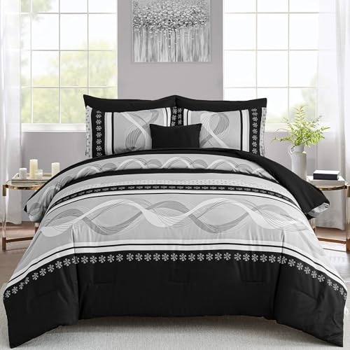 Anibedding Black Comforter Set Queen Size,8 Pieces Boho Bed in a Bag Patchwork Striped Comforter Set, Soft Microfiber Bedding Set for All Season(90