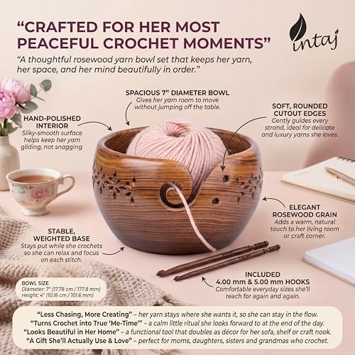 Image of Rosewood Yarn Bowl with 2 Crochet Hooks for Knitting Crochet