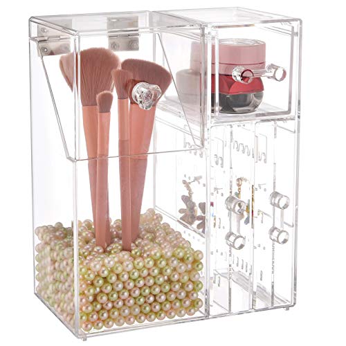 Makeup Brush Holder, Acrylic Makeup Organizer with 1 Large Brush Holder, 1 Drawer and 2 Jewrlry Board Dustproof Box with Free Pearl