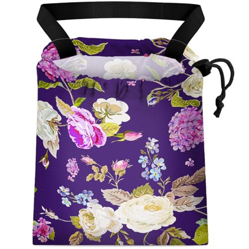 Image of Car Trash Bag Hanging Back of Seat Waterproof Small Cute Printed One-Handed Strap Drawstring Garbage Bags for Car-Purple Floral