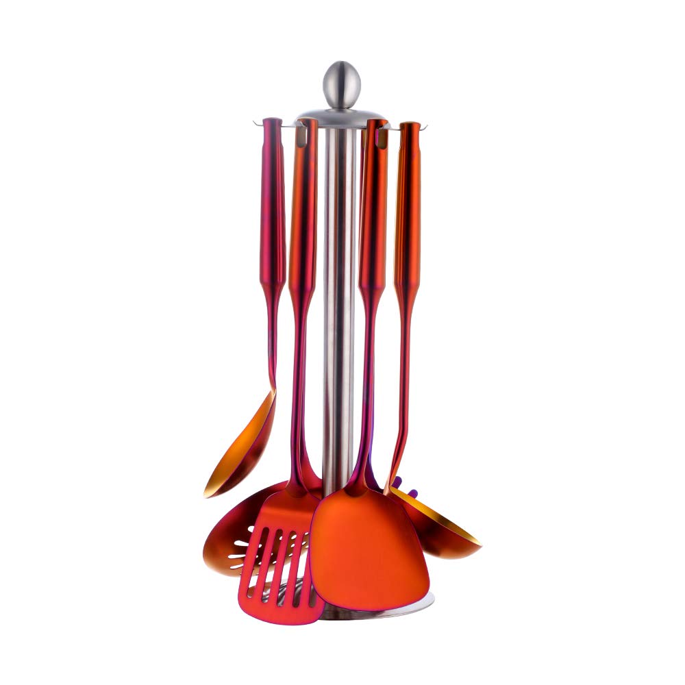 Ustensiles de cuisine 6 pièces acier inoxydable Écumoire Louche Spatule de Cuisine Tourneur à fente Riz Pasta Server avec support