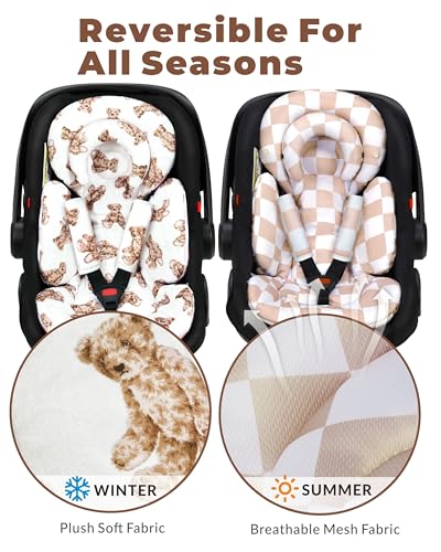Image of TinlyFinly Infant Car Seat Insert with Removable Cushion for Preemie to Toddler, Reversible Newborn Carseat Insert for Baby Head Body Support, Fits for Stroller, Baby Swing, Bouncer (Teddy Bear)