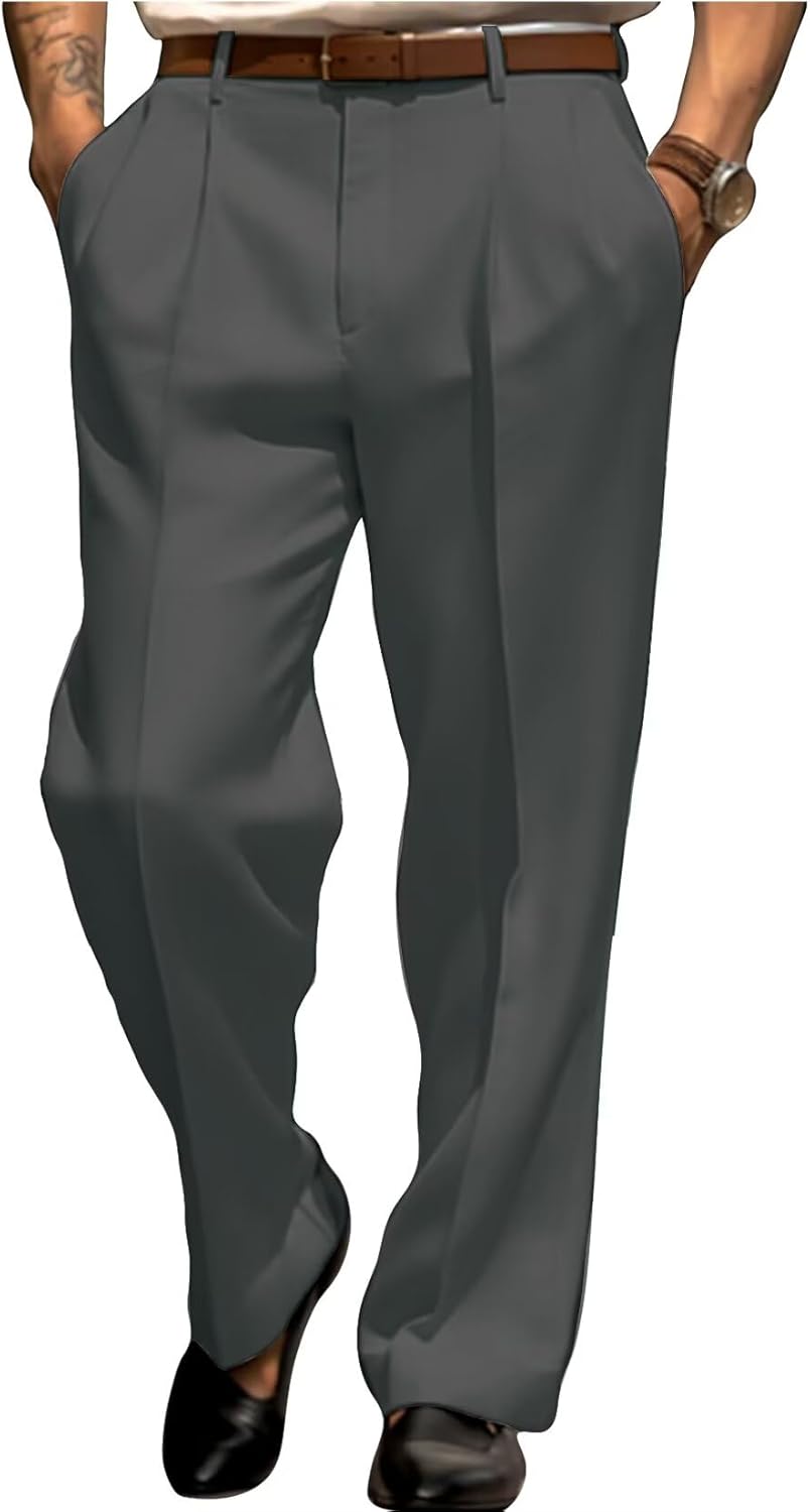 Mens Dress Pants Relaxed Fit Classic Flat Front Formal Business Casual Wrinkle Suit Pant