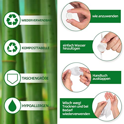 JEFFOUOO 100 Stück Komprimierte,Handtuchpillen,Gepresstes Mini,Tragbarer Handtuch Tabletten, Tücher Erfrischungstuch für Unterwegs,Urlaub,Reisen,Sport,Küche, Baumwolle – Bild 5