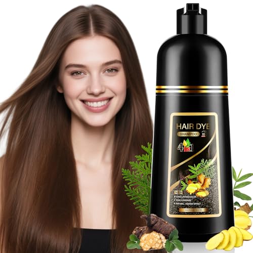 4 in 1 Hair Dye Shampoo for Gray Hair, Semi-Permanent Instant Light Brown Hair Color Shampoo for Women and Men, Herbal Ingredients Hair Care, 100% Grey Coverage 500ml