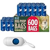 Reli. Biodegradable Dog Poop Bags Rolls (600 Pack, 40 Rolls) | 9"x13" Poop Bags for Dogs | Unscented, Leak Proof Oxobiodegradable Pet Waste Eco-Friendly | Blue | Leash Clip Holder Included