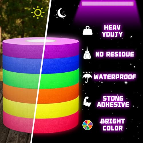 Image of SWRT Neon Gaffer Cloth UV Blacklight Tape for Halloween Decorations, 6 Rolls Multi-Color UV Fluorescent Glow in The Dark Tape for Party Decoration, Dance Floors, UV Party (0.6 inch x 120 feet)