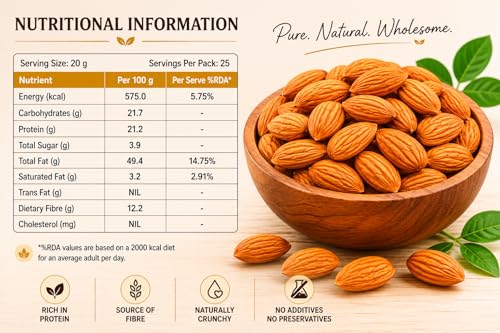 Image of POSHIRA Premium California Almonds (Badam) | 500g | Whole Gourmet Almonds | Naturally Nutritious | Daily Snacking | Vegan, Gluten Free, Non-GMO