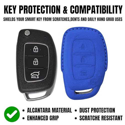 Image of KMH Alcantara Car Key Cover Compatible Hyundai Grand i10 NIOS Asta | Venue | i20 | Aura | Creta | Elantra 3 Button Shell Case Holder Full Key Protector Keycover with Keychain (D1) Blue - Pack of 2