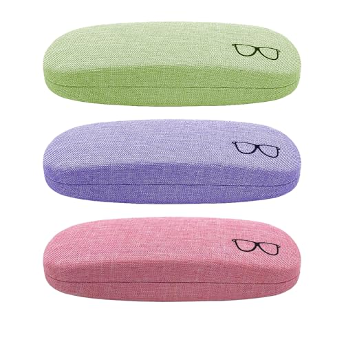 ABAJI Estojo para óculos, 3 peças, caixa de óculos de leitura para estudantes, crianças, capa rígida, forro de fiapos, organizador para homens e mulheres, Verde, roxo, rosa, M