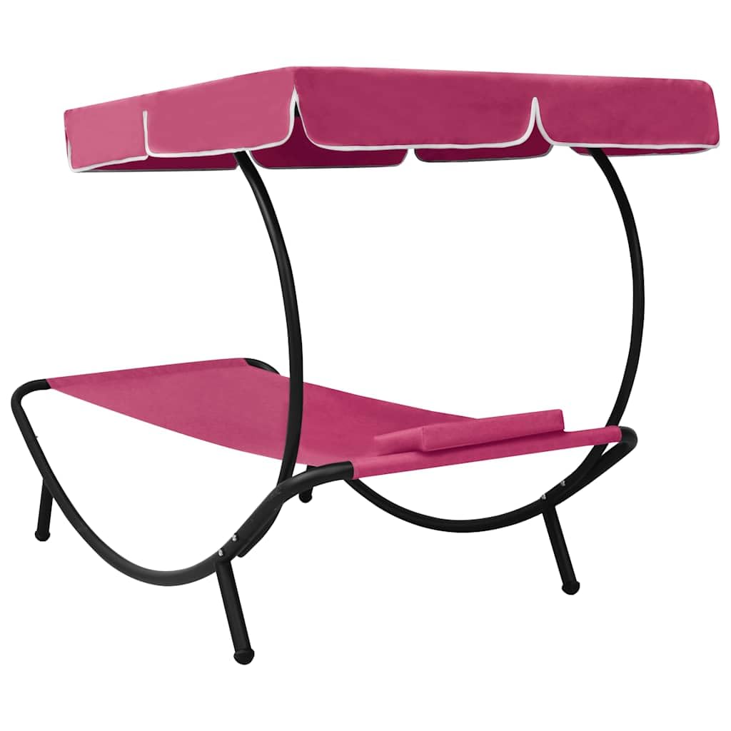 Lettino da giardino con tettuccio parasole, cuscino rosa, 200 x