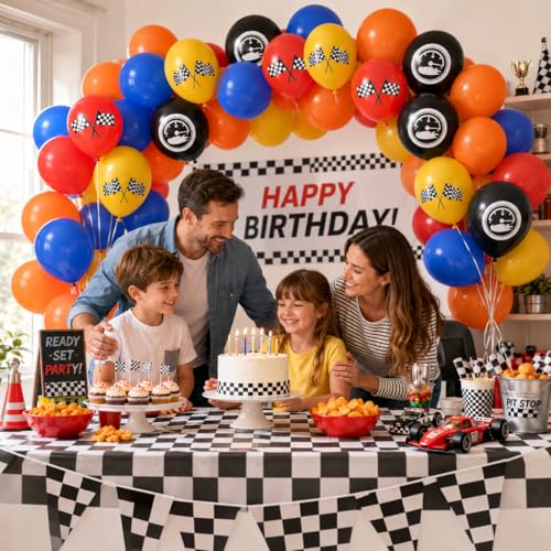 Image of Race Car Balloons, 12 Inch Blue Black Yellow Orange Red Checkered Flag Car Balloons for Boy Race Cars Themed Birthday Graduation Baby Shower Backdrop