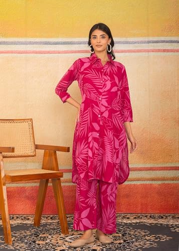 Image of LABEL ADRIJA Floral Print Pure Cotton Tunic Shirt Pant Cord Set Kurta Pant Set for Women