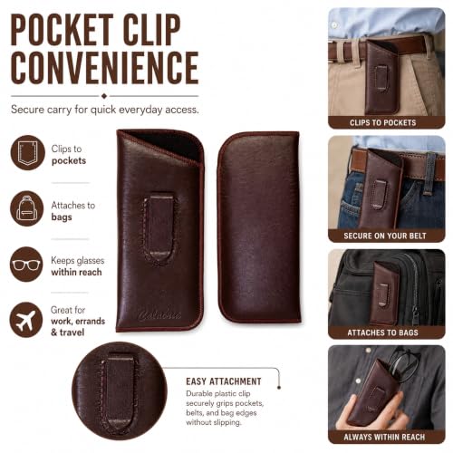 Image of Calabria Slip-In Eye Glasses Case w /Plastic Pocket Clip Faux Leather Felt Brown Men Women Eyeglass Pouch Sunglasses Holder - 12PACK