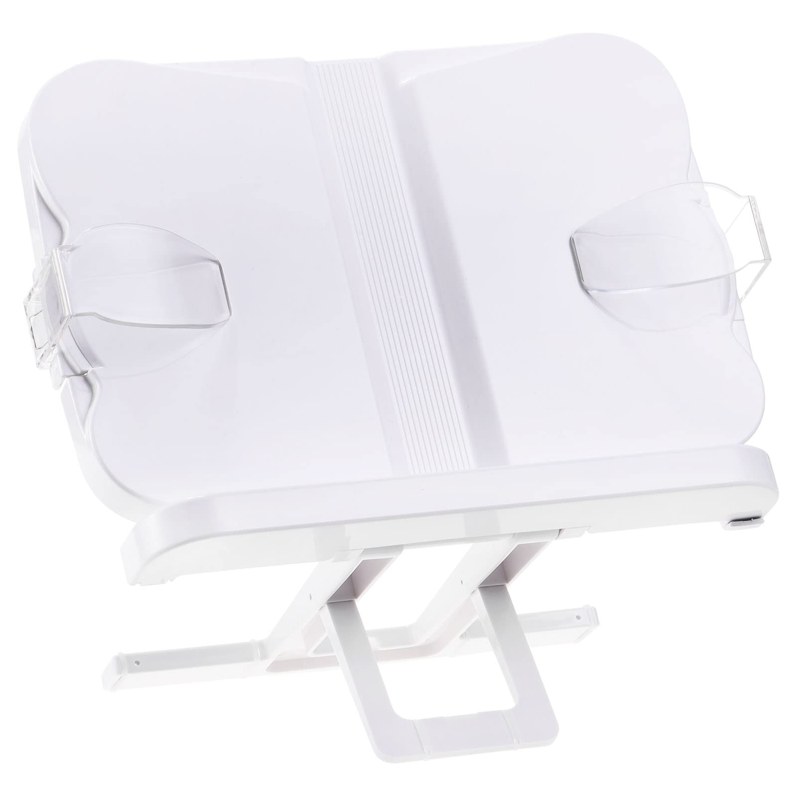 sourcing map Plastic Book Stand for Reading, 180° Rotate Adjustable Book Holder with Page Clips Suitable for Reading Cookbooks, Textbook in Bed/Sofa/Couch, White