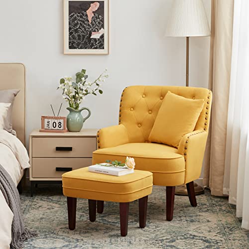 Huimo Accent Chair With Ottoman And Pillow, Club Chair And Ottoman Set With Bronzer Nail Head Trim Wooden Legs, Upholstered Armchair, Button Tufted Reading Chair For Living Room, Bedroom（Yellow） #TOP2