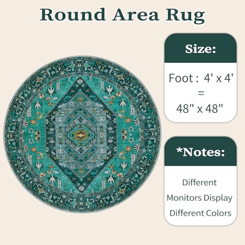 SERISSA Boho Round Area Rug, 4ft Washable Non-Slip Circle Rug, Ultra Soft Oriental Vintage Teal Low-Pile Small Circular Carpet for Bedroom Entryway Kids Room Office College Dorm Living Room