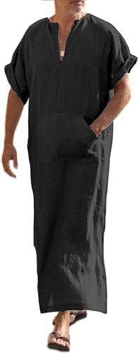 COOFANDY Bata de lino con cuello en V para hombre, manga corta, caftán, thobe, camisa casual para playa, verano
