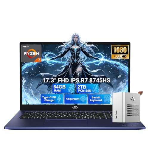 Image of NIMO 17.3 inch Light Gaming Laptop, AMD Ryzen 7 8745HS 64GB DDR5 2TB SSD Radeon 780M, Backlit KB FHD IPS w /eGPU Dock with RX 7600M XT 8GB GDDR6 for AI Tasks, Video Editing, Remote Streaming, 2-Yr Warranty