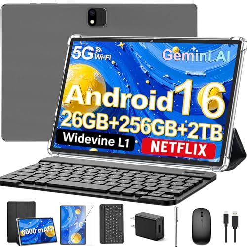 Image of Android 16 Tablet with Keyboard, 2026 Android Tablet 10 inch, 26GB+256GB+2TB Expand, Electronic Tablet PC with Gemini, 8-Core, 8000mAh, 5G WiFi, GMS, 2 in 1 Tablet with Case /Mouse /Stylus(Black Case)